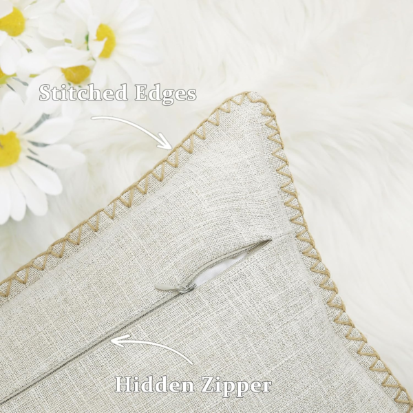 Spring Decorative Outdoor Throw Pillow Covers 18X18 Set of 2, Square Linen Rustic Farmhouse Pillow Covers with Stitched Edge for Couch, Sofa, Living Room, Beige - Image 3
