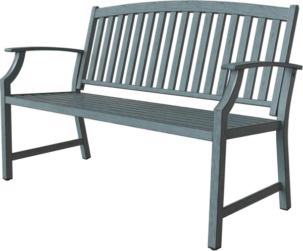 Farmhouse Outdoor Bench, Garden Benches with Anti-Rust Aluminum Metal Frame, Faux Wood Grain Finish Frame Patio Bench for Front Porch, Weathered Blue