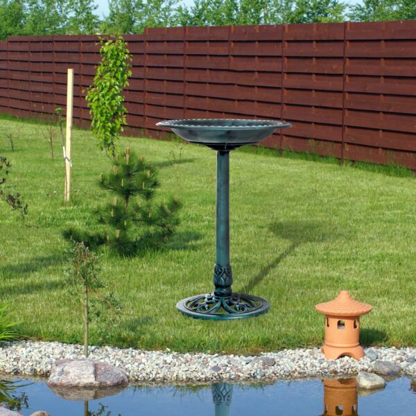 Garden Bird Bath Outdoor Decrative Garden Feeder Stand with Scallop-like Pattern, Time-Worn Finish, 50cm, Green - Image 2
