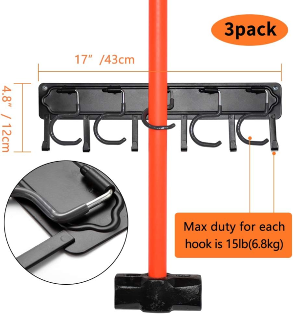 All Metal Garden Tool Organizer,Adjustable Garage Wall Organizers and Storage,Heavy Duty Wall Mount Holder with Hooks for Broom,Rake,Mop,Shovel.(3 Pack) - Image 4