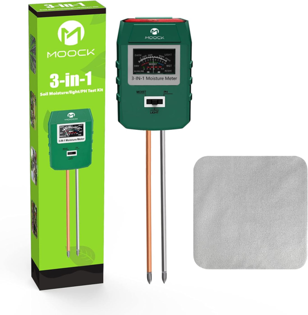 Soil Moisture Meter, MOOCK 3-In-1 Soil Test Kit Soil Moisture/Ph/Light Tester, Plant Water Meter, Soil Moisture Sensor,Gardening Tool Kit for Plants,For Gardens,Lawn,Farms, Indoor & Outdoor Use