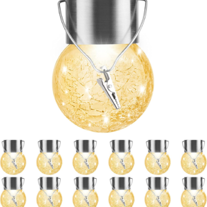 Solar Lights Outdoor Decorative 12 Pack, Hanging Solar Garden Lights Waterproof, Solar Powered Globe Lantern Cracked Glass Ball Lights for Yard Patio Fence Tree Umbrella Holiday Decoration,Warm White