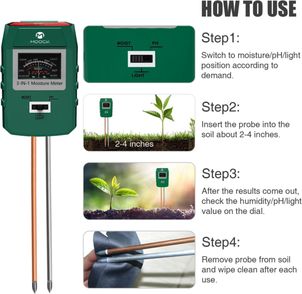 Soil Moisture Meter, MOOCK 3-In-1 Soil Test Kit Soil Moisture/Ph/Light Tester, Plant Water Meter, Soil Moisture Sensor,Gardening Tool Kit for Plants,For Gardens,Lawn,Farms, Indoor & Outdoor Use - Image 5
