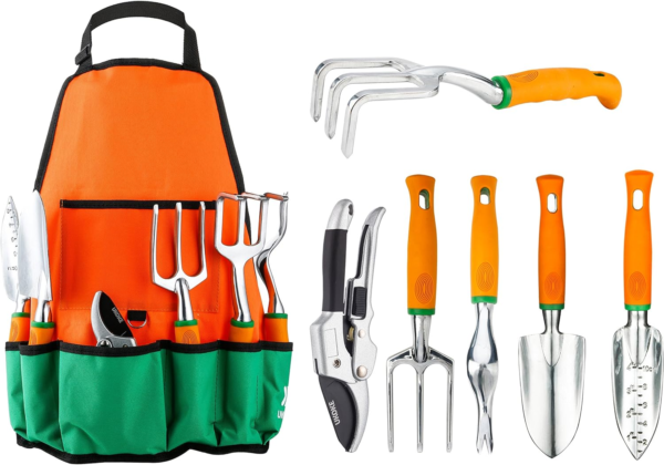 UGP01G-7 Outdoor Tool, Heavy Duty Work Ergonomic Handle, for Women Men Set, 7 Piece Aluminum Kit, Garden Canvas Apron with Storage Pock, 7PCS, Orange
