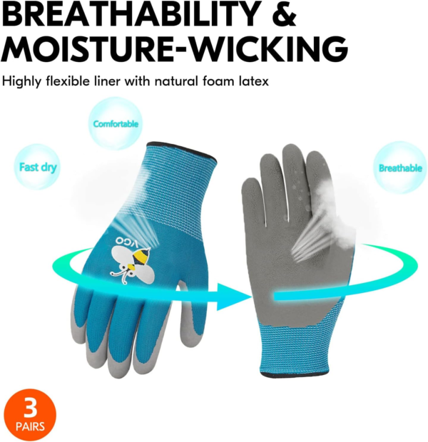 3-Pairs Age 7-9 Kids Gardening Gloves, Children Yard Work Gloves, Soft Safety Rubber Gloves (XS, KID-RB6013) - Image 5