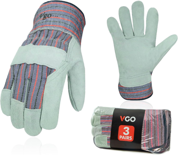 3-Pairs Safety Leather Work Gloves Men, Gardening Gloves, Rigger Gloves, Builder Gloves (Size L, Plaid, CB3501)