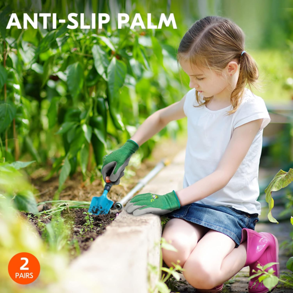 2-Pairs Age 5-7 Kids Gloves, Bamboo Fibre Gardening Gloves, Children Yard Work Gloves, Soft Safety Rubber Gloves (Size XXS, Green, KID-RB6026) - Image 4