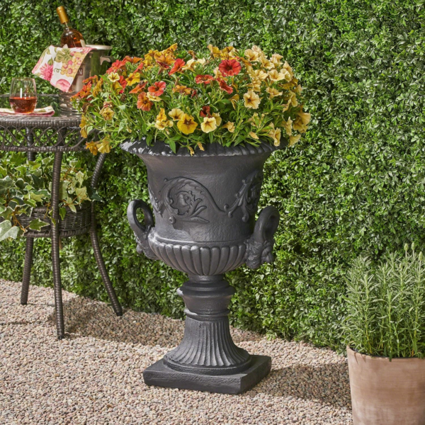 Gdfstudio Garden Urn Planter, Roman, Botanical, Black Lightweight Concrete - Image 2