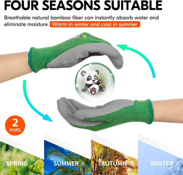 2-Pairs Age 5-7 Kids Gloves, Bamboo Fibre Gardening Gloves, Children Yard Work Gloves, Soft Safety Rubber Gloves (Size XXS, Green, KID-RB6026) - Image 5