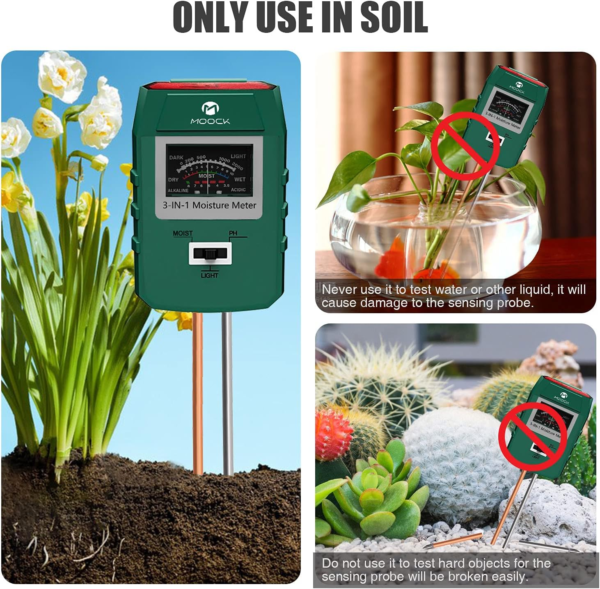 Soil Moisture Meter, MOOCK 3-In-1 Soil Test Kit Soil Moisture/Ph/Light Tester, Plant Water Meter, Soil Moisture Sensor,Gardening Tool Kit for Plants,For Gardens,Lawn,Farms, Indoor & Outdoor Use - Image 7