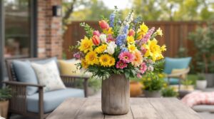 Spring Floral Arrangement in a Tall Rustic Farm Vase for Your Backyard Patio Nook