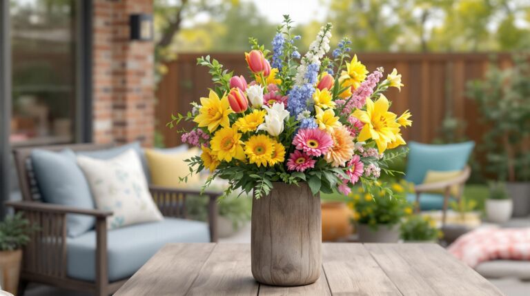 Spring Floral Arrangement in a Tall Rustic Farm Vase for Your Backyard Patio Nook