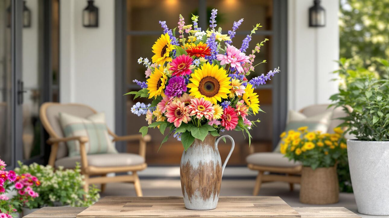 Summer Floral Arrangement in a Tall Rustic Farm Vase for Your Backyard Patio Nook