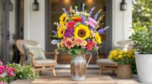 Summer Floral Arrangement in a Tall Rustic Farm Vase for Your Backyard Patio Nook