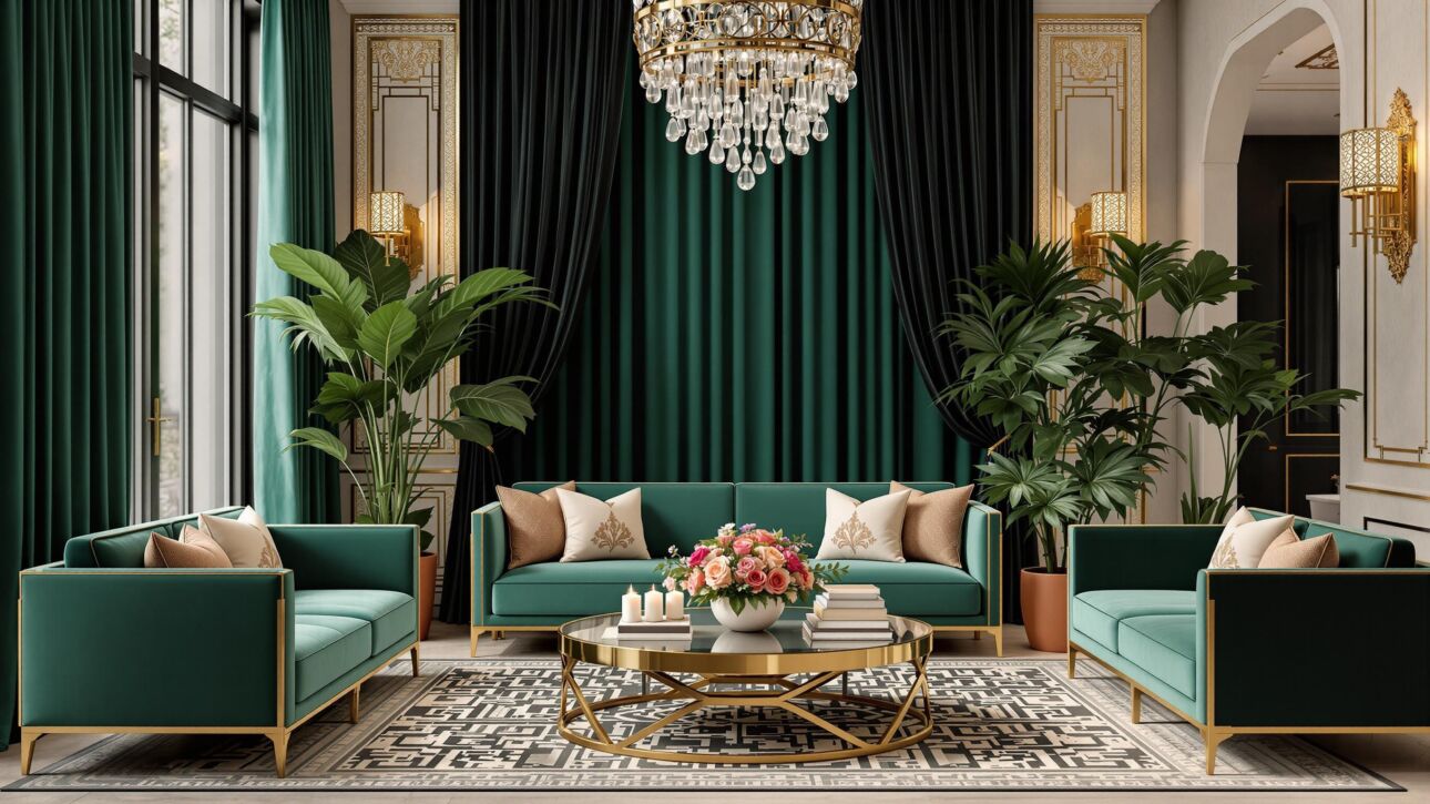 Luxurious Art Deco Parisian Hotel Lobby with Cozy Nook,