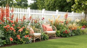 Coral Radiance in the Embrace of Light with Cozy Rattan Nook against a White Picket Fence