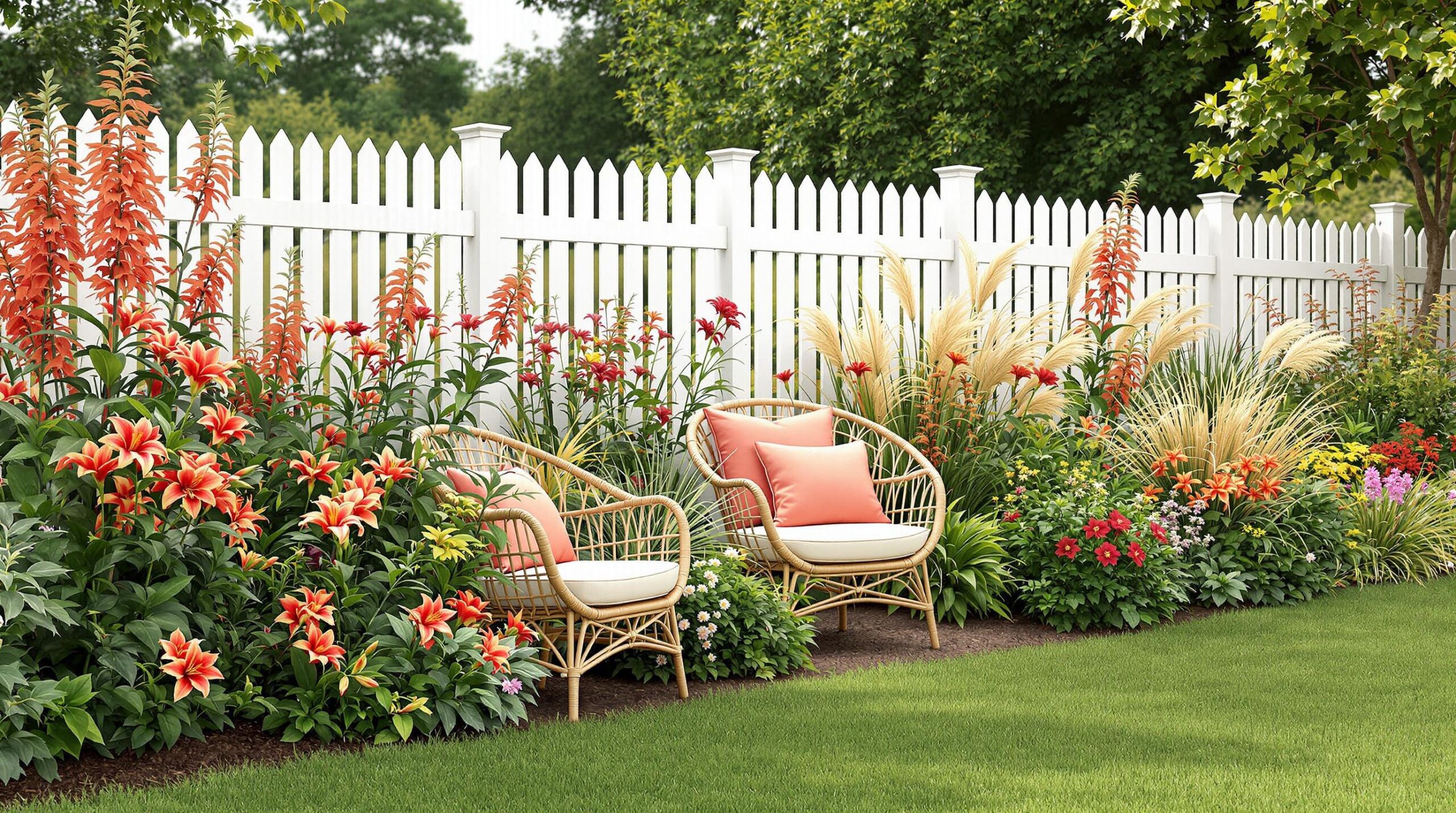 Coral Radiance in the Embrace of Light with Cozy Rattan Nook against a White Picket Fence