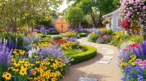 Easy Care Rose Garden with Winding Path