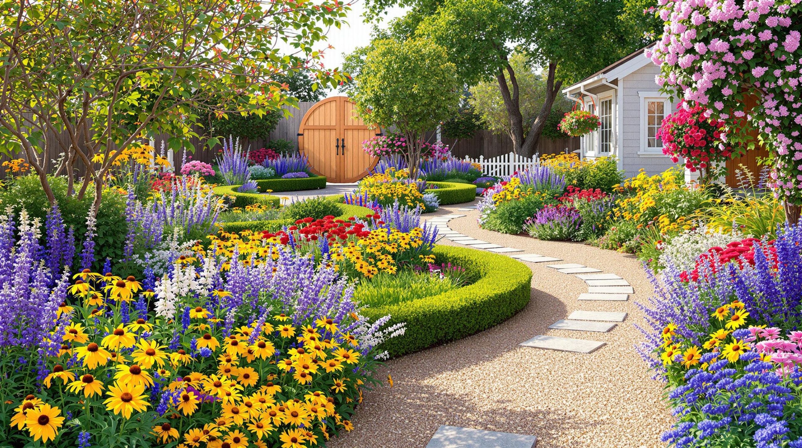 Easy Care Rose Garden with Winding Path