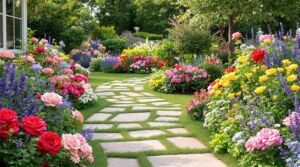 Easy Care Rose Garden with Winding Path
