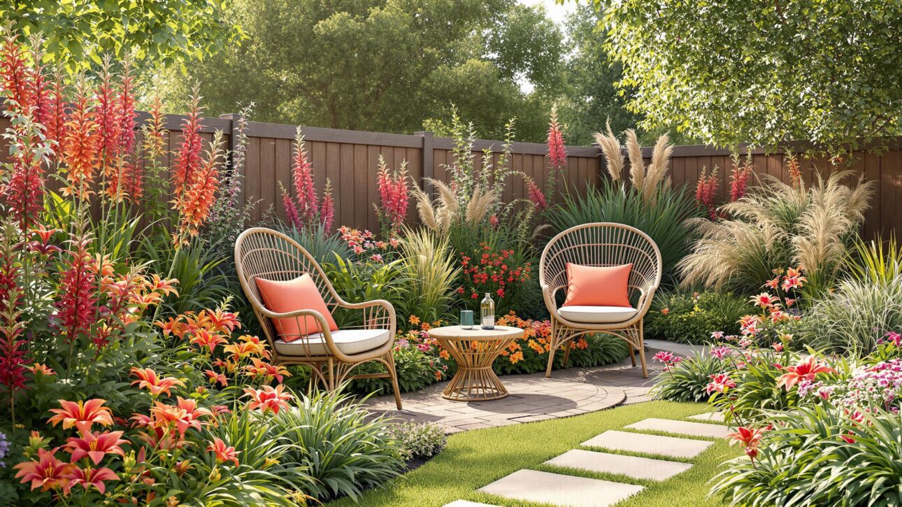 Coral Radiance in the Embrace of Light with Cozy Rattan Nook